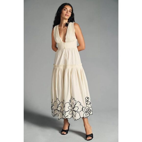 New Anthropologie Forever That Girl Tiered Deep V Cream Embroidered Dress L - Picture 5 of 12